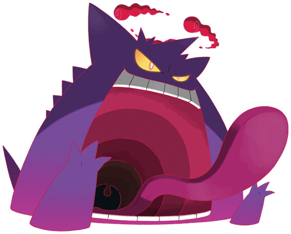 Can someone change the colors of Mega Gengar and Gigantamax Gengar to their  shiny colorations in this image? And change background color to light  blue? Regular Gengar isn't too different from it's