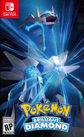 Pokemon Brilliant Diamond box art featuring Dialga roaring on a blue background