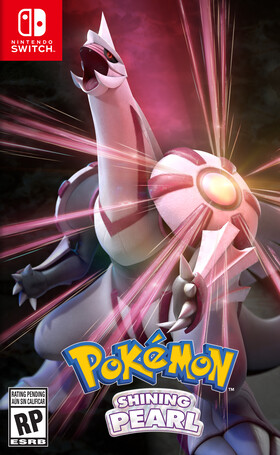 Pokemon Shining Pearl box art featuring Palkia roaring on a pink background