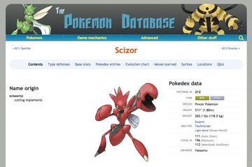 PokemonDb Web 2.0 design Scizor Pokedex