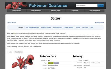 PokemonDb modern design Scizor Pokedex