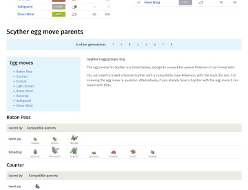 Screenshot of Scyther egg move page