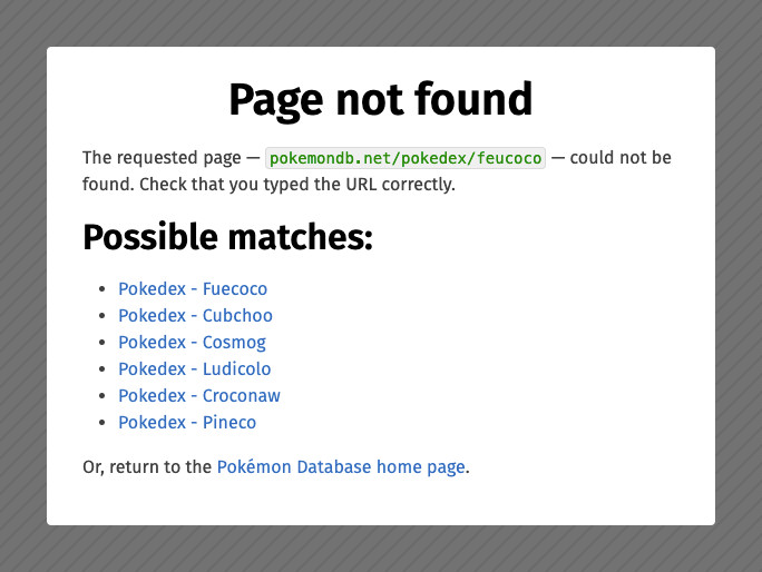 Screenshot of 404 page showing spelling correction of Feucoco to Fuecoco